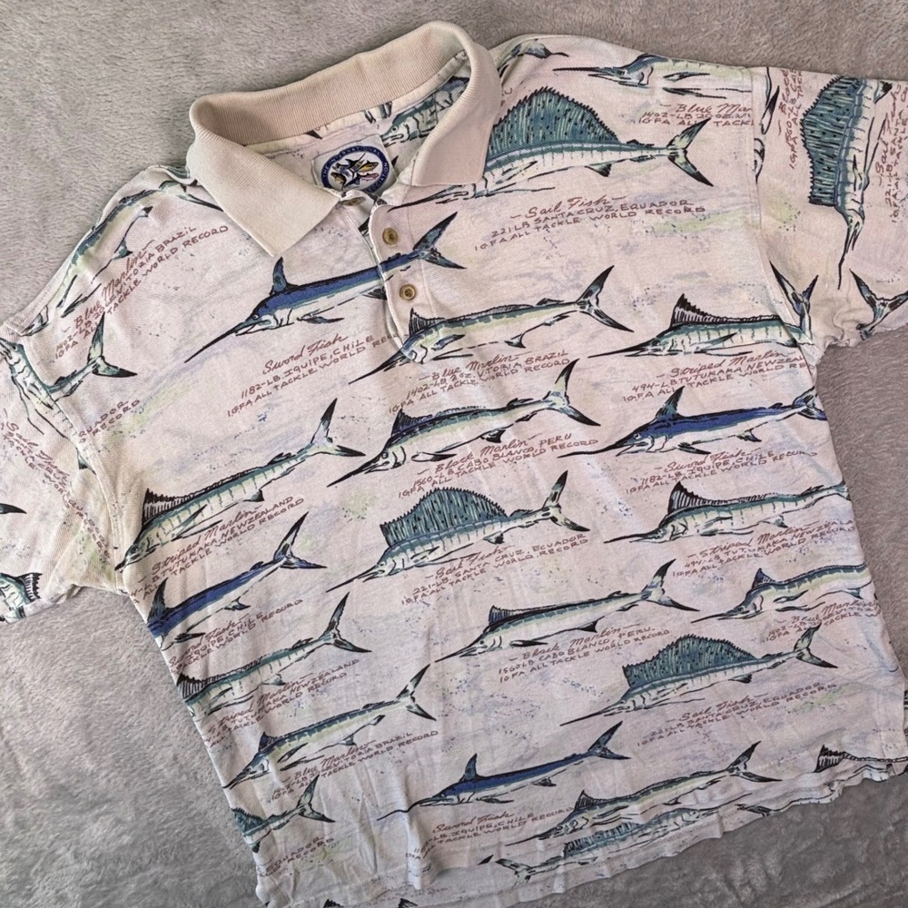 Aftco‎ Bluewater Wear Men's Vintage Fishing Polo Shirt XL All Over Marlin Print